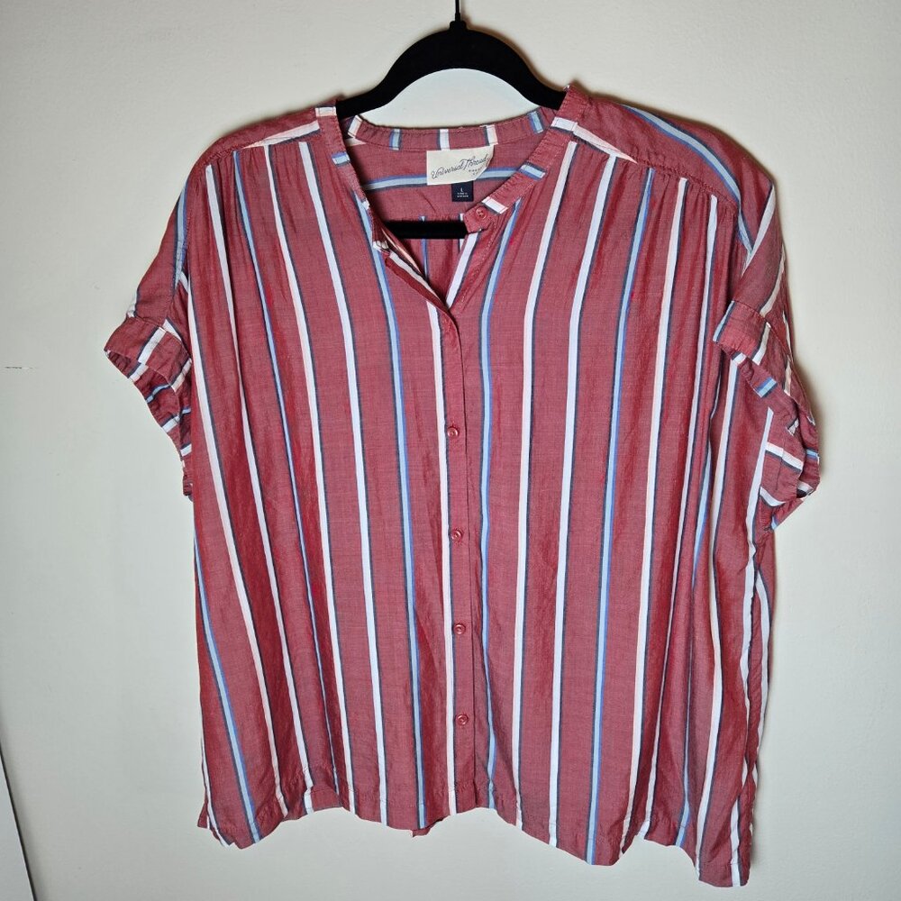 Universal Thread Women L Striped Short Sleeve Button Down Shirt Red Blue Lyocell
